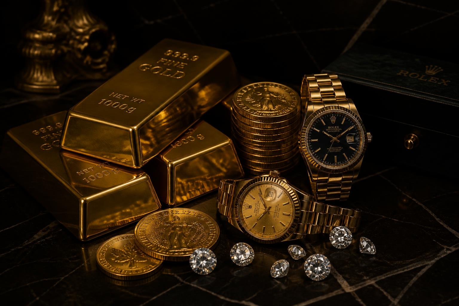 Gold bars, luxury watches and diamonds